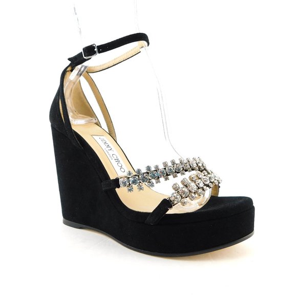 Jimmy Choo Shoes - New JIMMY CHOO BING Black Suede Leather Crystal Strap Wedge Heel Sandals 37.5